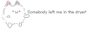 a gif of a pixel white cat fluffed up like a cotton ball with the text: 'Somebody left me in the dryer!' to its left.