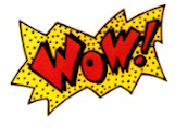 a spiky speech-bubble sticker with 'WOW!' in red.