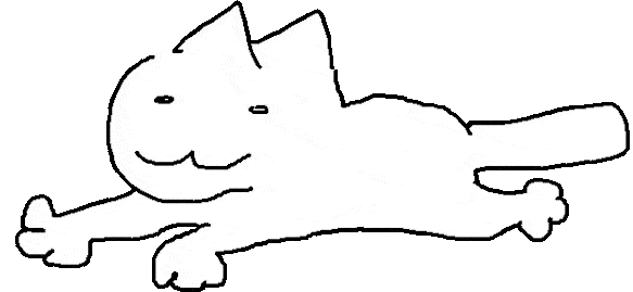 a gif of an animated white cat rolling onto its back, stretching, and then rolling onto its side with its back facing the viewer.